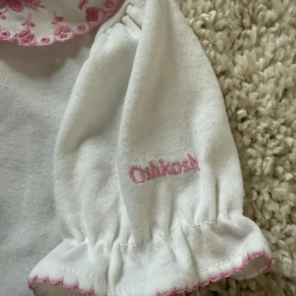Vtg 90s OshKosh White Pink Collar Baby Girl Shirt Size 6-9 Months Embroidered